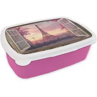 MuchoWow Broodtrommel Roze - Lunchbox Doorkijk - Parijs - Eiffeltoren - Roze - Kersenbloesem - Brooddoos 18x12x6 cm - Brood lunch box - Broodtrommels voor kinderen en volwassenen