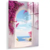 MuchoWow Glasschilderij 120x160 cm - Schilderij acrylglas - Zee - Roze - Bloemen - Poort - Foto op glas - Muurdecoratie woonkamer - Wanddecoratie slaapkamer - Schilderijen