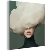 MuchoWow Aluminium schilderij 20x20 cm - Wanddecoratie metaal - Hoed - Vrouw - Beige - Metalen muurdecoratie woonkamer - Decoratie industrieel - Foto op dibond - Industriële accessoires slaapkamer