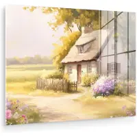 MuchoWow Glasschilderij 160x120 cm - Schilderij acrylglas - Huisje - Hout - Bloemen - Foto op glas - Muurdecoratie woonkamer - Wanddecoratie slaapkamer - Schilderijen