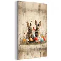 MuchoWow Aluminium schilderij 120x180 cm - Wanddecoratie metaal - Konijnen - Bloemen - Eieren - Metalen muurdecoratie woonkamer - Decoratie industrieel - Foto op dibond - Industriële accessoires slaapkamer