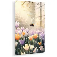 MuchoWow Glasschilderij 20x30 cm - Schilderij acrylglas - Viooltjes - bij - Zonlicht - Foto op glas - Muurdecoratie woonkamer - Wanddecoratie slaapkamer - Schilderijen