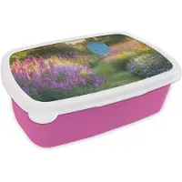 MuchoWow Broodtrommel Roze - Lunchbox Tuinhuisje - Blauw - Bloemen - Brooddoos 18x12x6 cm - Brood lunch box - Broodtrommels voor kinderen en volwassenen