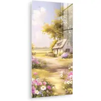 MuchoWow Glasschilderij 40x80 cm - Schilderij acrylglas - Huisje - Hout - Bloemen - Foto op glas - Muurdecoratie woonkamer - Wanddecoratie slaapkamer - Schilderijen