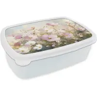 MuchoWow Broodtrommel Wit - Lunchbox Bloemenveld - Lichte tinten - Geschilderd - Brooddoos 18x12x6 cm - Brood lunch box - Broodtrommels voor kinderen en volwassenen