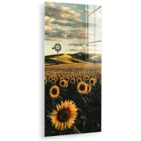 MuchoWow Glasschilderij 80x160 cm - Schilderij acrylglas - Zonnebloem - Veld - Windmolen - Foto op glas - Muurdecoratie woonkamer - Wanddecoratie slaapkamer - Schilderijen