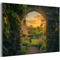 MuchoWow Aluminium schilderij 180x120 cm - Wanddecoratie metaal - Poort - Planten - Zonsondergang - Metalen muurdecoratie woonkamer - Decoratie industrieel - Foto op dibond - Industriële accessoires slaapkamer