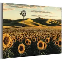 MuchoWow Aluminium schilderij 30x20 cm - Wanddecoratie metaal - Zonnebloem - Veld - Windmolen - Metalen muurdecoratie woonkamer - Decoratie industrieel - Foto op dibond - Industriële accessoires slaapkamer