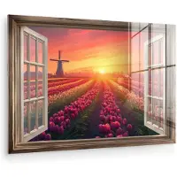 MuchoWow Glasschilderij 150x100 cm - Schilderij acrylglas - Doorkijk - Tulpen - Zonsondergang - Bloemen - Kleurrijk - Foto op glas - Muurdecoratie woonkamer - Wanddecoratie slaapkamer - Schilderijen