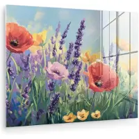 MuchoWow Glasschilderij 120x90 cm - Schilderij acrylglas - Weide - Bloemen - Kleurrijk - Foto op glas - Muurdecoratie woonkamer - Wanddecoratie slaapkamer - Schilderijen