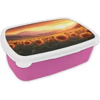 MuchoWow Broodtrommel Roze - Lunchbox Zonnebloemen - Zonsondergang - Landschap - Brooddoos 18x12x6 cm - Brood lunch box - Broodtrommels voor kinderen en volwassenen