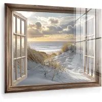 MuchoWow Glasschilderij 40x30 cm - Schilderij acrylglas - Doorkijk - Strand - Duinen - Zee - Natuur - Foto op glas - Muurdecoratie woonkamer - Wanddecoratie slaapkamer - Schilderijen