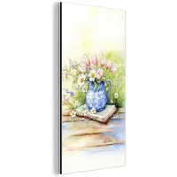 MuchoWow Aluminium schilderij 20x40 cm - Wanddecoratie metaal - Vaas - Delftsblauw - Madeliefjes - Metalen muurdecoratie woonkamer - Decoratie industrieel - Foto op dibond - Industriële accessoires slaapkamer