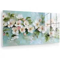 MuchoWow Glasschilderij 120x60 cm - Schilderij acrylglas - Bloesem - Bladeren - Lichtblauw - Foto op glas - Muurdecoratie woonkamer - Wanddecoratie slaapkamer - Schilderijen