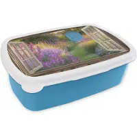 MuchoWow Broodtrommel Blauw - Lunchbox Doorkijk - Bloemen - Raam - Natuur - Brooddoos 18x12x6 cm - Brood lunch box - Broodtrommels voor kinderen en volwassenen