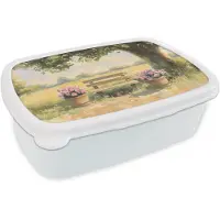 MuchoWow Broodtrommel Wit - Lunchbox Houten bankje - Bloempotten - Landschap - Brooddoos 18x12x6 cm - Brood lunch box - Broodtrommels voor kinderen en volwassenen