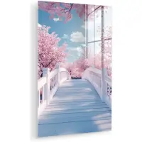 MuchoWow Glasschilderij 20x30 cm - Schilderij acrylglas - Brug - Kersenbomen - Wit - Foto op glas - Muurdecoratie woonkamer - Wanddecoratie slaapkamer - Schilderijen
