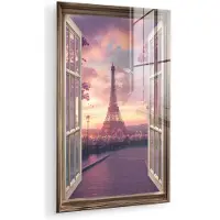 MuchoWow Glasschilderij 120x180 cm - Schilderij acrylglas - Doorkijk - Parijs - Eiffeltoren - Roze - Kersenbloesem - Foto op glas - Muurdecoratie woonkamer - Wanddecoratie slaapkamer - Schilderijen
