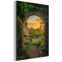 MuchoWow Aluminium schilderij 120x160 cm - Wanddecoratie metaal - Poort - Planten - Zonsondergang - Metalen muurdecoratie woonkamer - Decoratie industrieel - Foto op dibond - Industriële accessoires slaapkamer