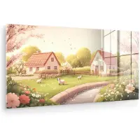 MuchoWow Glasschilderij 80x40 cm - Schilderij acrylglas - Schapen - Huisje - Platteland - Foto op glas - Muurdecoratie woonkamer - Wanddecoratie slaapkamer - Schilderijen