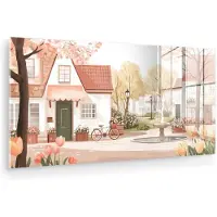 MuchoWow Glasschilderij 40x20 cm - Schilderij acrylglas - Dorpsplein - Fontein - Tulpen - Foto op glas - Muurdecoratie woonkamer - Wanddecoratie slaapkamer - Schilderijen