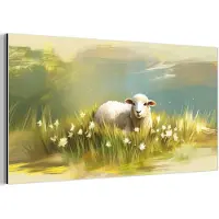 MuchoWow Aluminium schilderij 40x20 cm - Wanddecoratie metaal - Schaap - Weide - Groen - Metalen muurdecoratie woonkamer - Decoratie industrieel - Foto op dibond - Industriële accessoires slaapkamer