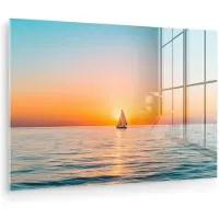 MuchoWow Glasschilderij 120x80 cm - Schilderij acrylglas - Zee - Zeilboot - Zonsondergang - Foto op glas - Muurdecoratie woonkamer - Wanddecoratie slaapkamer - Schilderijen