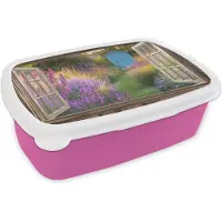 MuchoWow Broodtrommel Roze - Lunchbox Doorkijk - Bloemen - Raam - Natuur - Brooddoos 18x12x6 cm - Brood lunch box - Broodtrommels voor kinderen en volwassenen