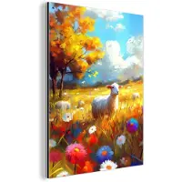 MuchoWow Aluminium schilderij 60x80 cm - Wanddecoratie metaal - Schaap - Weide - Bloemen - Metalen muurdecoratie woonkamer - Decoratie industrieel - Foto op dibond - Industriële accessoires slaapkamer