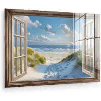 MuchoWow Glasschilderij 90x60 cm - Schilderij acrylglas - Doorkijk - Strand - Raam - Duinen - Zee - Foto op glas - Muurdecoratie woonkamer - Wanddecoratie slaapkamer - Schilderijen