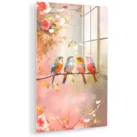 MuchoWow Glasschilderij 120x180 cm - Schilderij acrylglas - Vogels - Kleurrijk Tak - Foto op glas - Muurdecoratie woonkamer - Wanddecoratie slaapkamer - Schilderijen