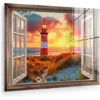 MuchoWow Glasschilderij 160x120 cm - Schilderij acrylglas - Doorkijk - Raam - Vuurtoren - Zonsondergang - Strand - Foto op glas - Muurdecoratie woonkamer - Wanddecoratie slaapkamer - Schilderijen