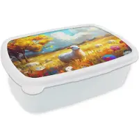 MuchoWow Broodtrommel Wit - Lunchbox Schaap - Weide - Bloemen - Brooddoos 18x12x6 cm - Brood lunch box - Broodtrommels voor kinderen en volwassenen