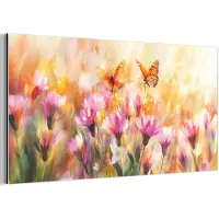 MuchoWow Aluminium schilderij 120x60 cm - Wanddecoratie metaal - Vlinders - Oranje - Bloemen - Metalen muurdecoratie woonkamer - Decoratie industrieel - Foto op dibond - Industriële accessoires slaapkamer