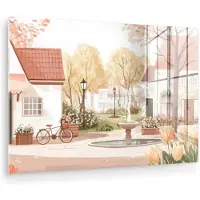 MuchoWow Glasschilderij 150x100 cm - Schilderij acrylglas - Dorpsplein - Fontein - Tulpen - Foto op glas - Muurdecoratie woonkamer - Wanddecoratie slaapkamer - Schilderijen