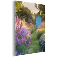 MuchoWow Aluminium schilderij 120x160 cm - Wanddecoratie metaal - Tuinhuisje - Blauw - Bloemen - Metalen muurdecoratie woonkamer - Decoratie industrieel - Foto op dibond - Industriële accessoires slaapkamer