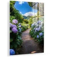MuchoWow Glasschilderij 60x80 cm - Schilderij acrylglas - Hortsensia - Pad - Bloemen - Foto op glas - Muurdecoratie woonkamer - Wanddecoratie slaapkamer - Schilderijen