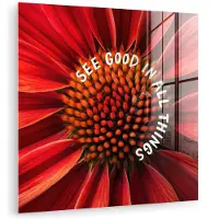 MuchoWow Glasschilderij 90x90 cm - Schilderij acrylglas - Close up - Bloem - Quote - Rood - Foto op glas - Muurdecoratie woonkamer - Wanddecoratie slaapkamer - Schilderijen