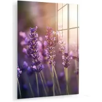 MuchoWow Glasschilderij 120x160 cm - Schilderij acrylglas - Lavendelbloemen - Paars - Zonlicht - Foto op glas - Muurdecoratie woonkamer - Wanddecoratie slaapkamer - Schilderijen