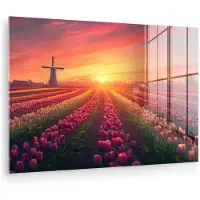 MuchoWow Glasschilderij 60x40 cm - Schilderij acrylglas - Windmolen - Zonsondergang - Landschap - Foto op glas - Muurdecoratie woonkamer - Wanddecoratie slaapkamer - Schilderijen