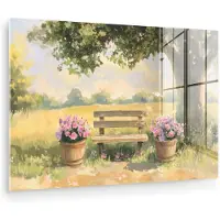 MuchoWow Glasschilderij 120x80 cm - Schilderij acrylglas - Houten bankje - Bloempotten - Landschap - Foto op glas - Muurdecoratie woonkamer - Wanddecoratie slaapkamer - Schilderijen