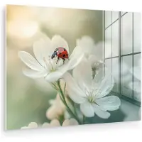 MuchoWow Glasschilderij 160x120 cm - Schilderij acrylglas - Lieveheersbeestje - Bloemen - Wit - Foto op glas - Muurdecoratie woonkamer - Wanddecoratie slaapkamer - Schilderijen