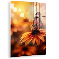 MuchoWow Glasschilderij 30x40 cm - Schilderij acrylglas - Vlinder - Bloemen - Oranje - Foto op glas - Muurdecoratie woonkamer - Wanddecoratie slaapkamer - Schilderijen