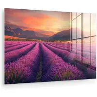 MuchoWow Glasschilderij 60x40 cm - Schilderij acrylglas - Lavendelveld - Zonsondergang - Paars - Foto op glas - Muurdecoratie woonkamer - Wanddecoratie slaapkamer - Schilderijen