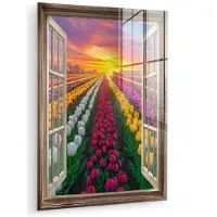 MuchoWow Glasschilderij 30x40 cm - Schilderij acrylglas - Doorkijk - Bloemen - Tulpen - Kleurrijk - Zonsondergang - Foto op glas - Muurdecoratie woonkamer - Wanddecoratie slaapkamer - Schilderijen