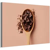 MuchoWow Aluminium schilderij 60x40 cm - Wanddecoratie metaal - Chocola - Hout - Lepel - Metalen muurdecoratie woonkamer - Decoratie industrieel - Foto op dibond - Industriële accessoires slaapkamer