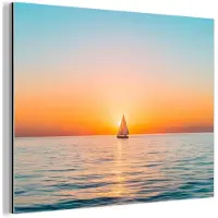 MuchoWow Aluminium schilderij 40x30 cm - Wanddecoratie metaal - Zee - Zeilboot - Zonsondergang - Metalen muurdecoratie woonkamer - Decoratie industrieel - Foto op dibond - Industriële accessoires slaapkamer