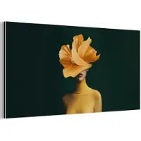 MuchoWow Aluminium schilderij 40x20 cm - Wanddecoratie metaal - Vrouw - Hoed - Geel - Metalen muurdecoratie woonkamer - Decoratie industrieel - Foto op dibond - Industriële accessoires slaapkamer