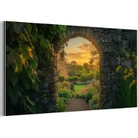 MuchoWow Aluminium schilderij 120x60 cm - Wanddecoratie metaal - Poort - Planten - Zonsondergang - Metalen muurdecoratie woonkamer - Decoratie industrieel - Foto op dibond - Industriële accessoires slaapkamer
