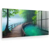 MuchoWow Glasschilderij 160x80 cm - Schilderij acrylglas - Brug - Water - Rivier - Bos - Foto op glas - Muurdecoratie woonkamer - Wanddecoratie slaapkamer - Schilderijen